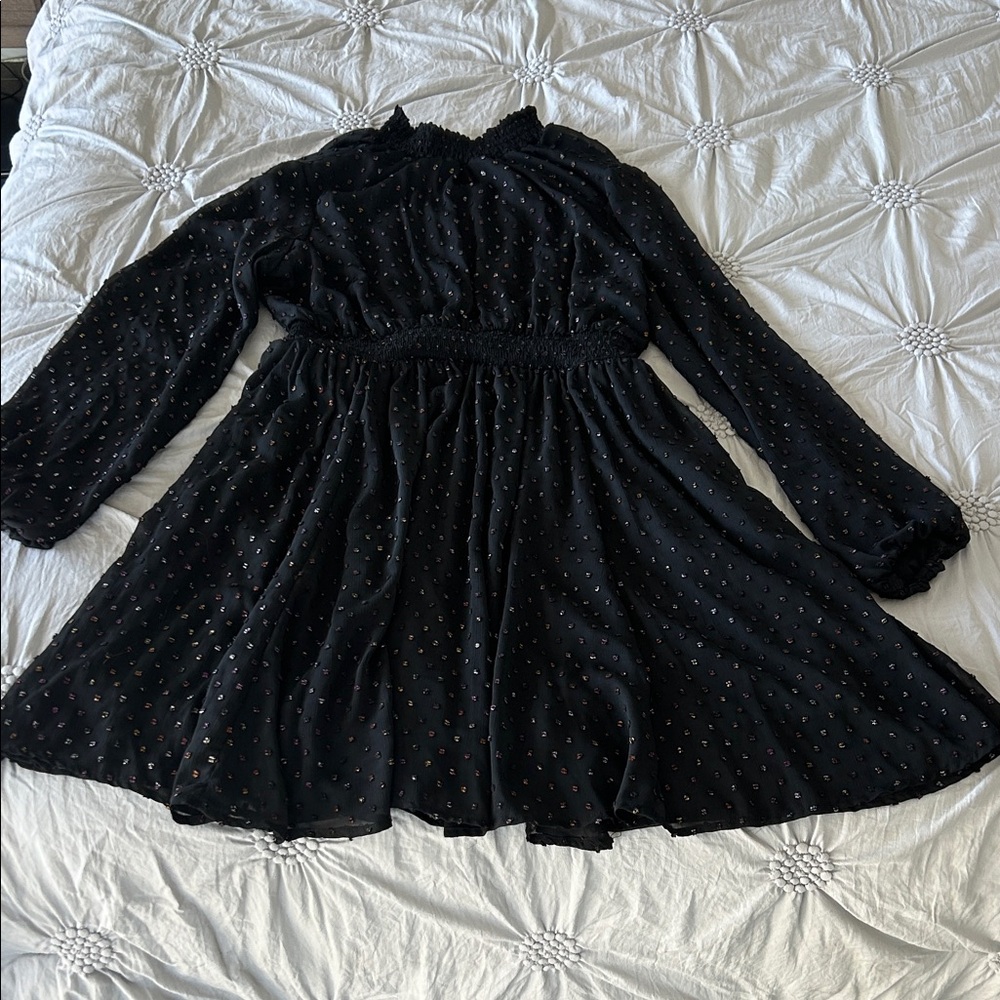 Black Long-Sleeve Dress with Subtle Polka Detail